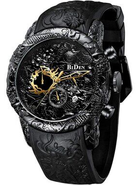 Men's All Black Analog Quartz Big Dial 3D Sculpture Dragon Luxury Wrist Watch